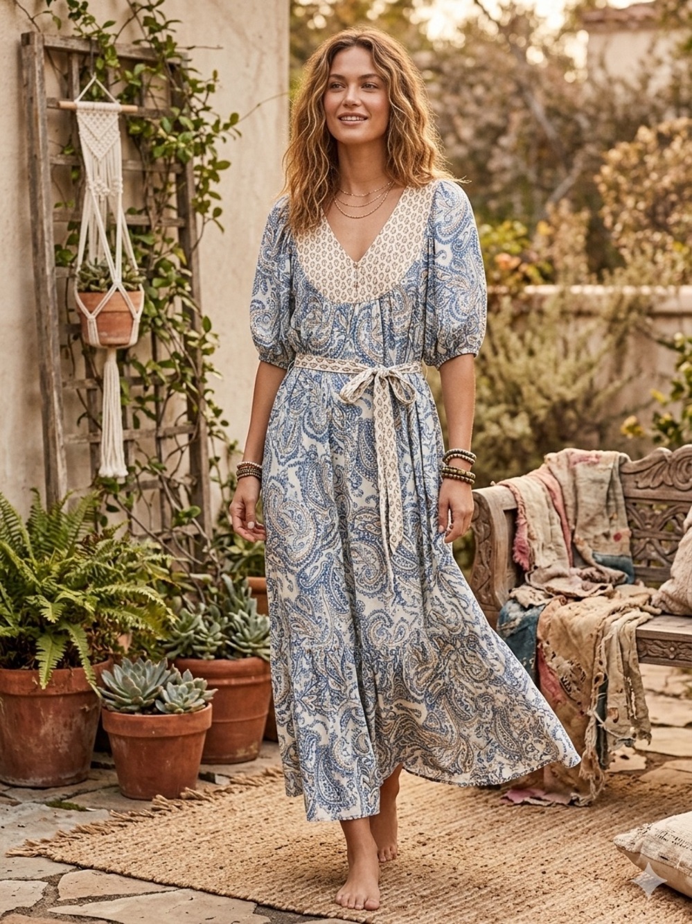 Lucky Brand White and Blue Paisley Maxi Dress with Cream Yoke